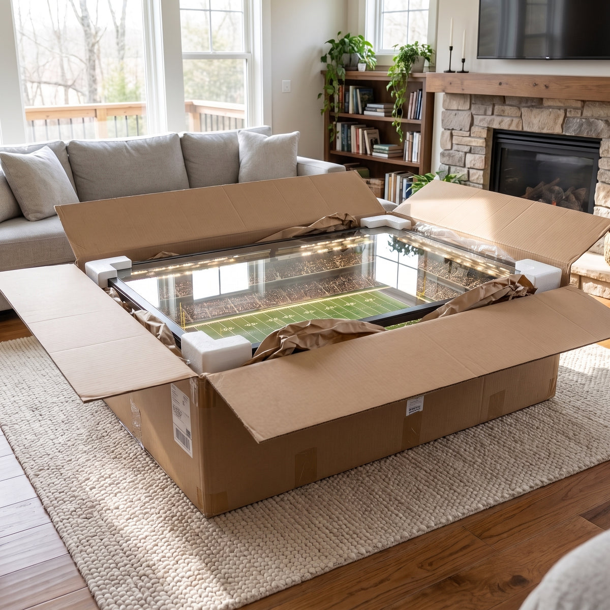 Stadium table being unboxed as a gift
