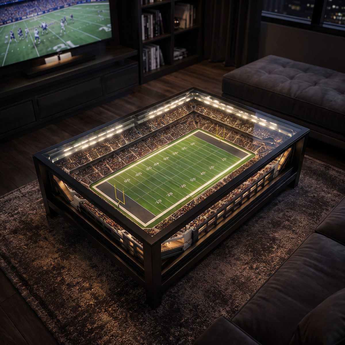 Macro detail of the miniature stadium under glass