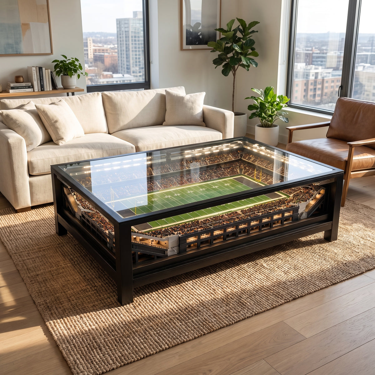 Glowing stadium coffee table in a man cave